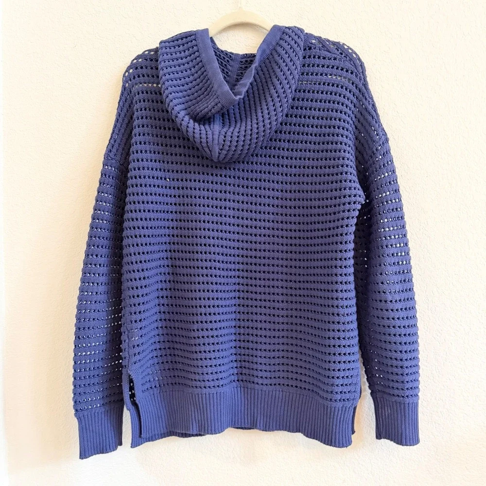 Kokun‎ Womens Blue 100% Cotton Open Knit Crochet Hoodie Sweater Small Periwinkle
